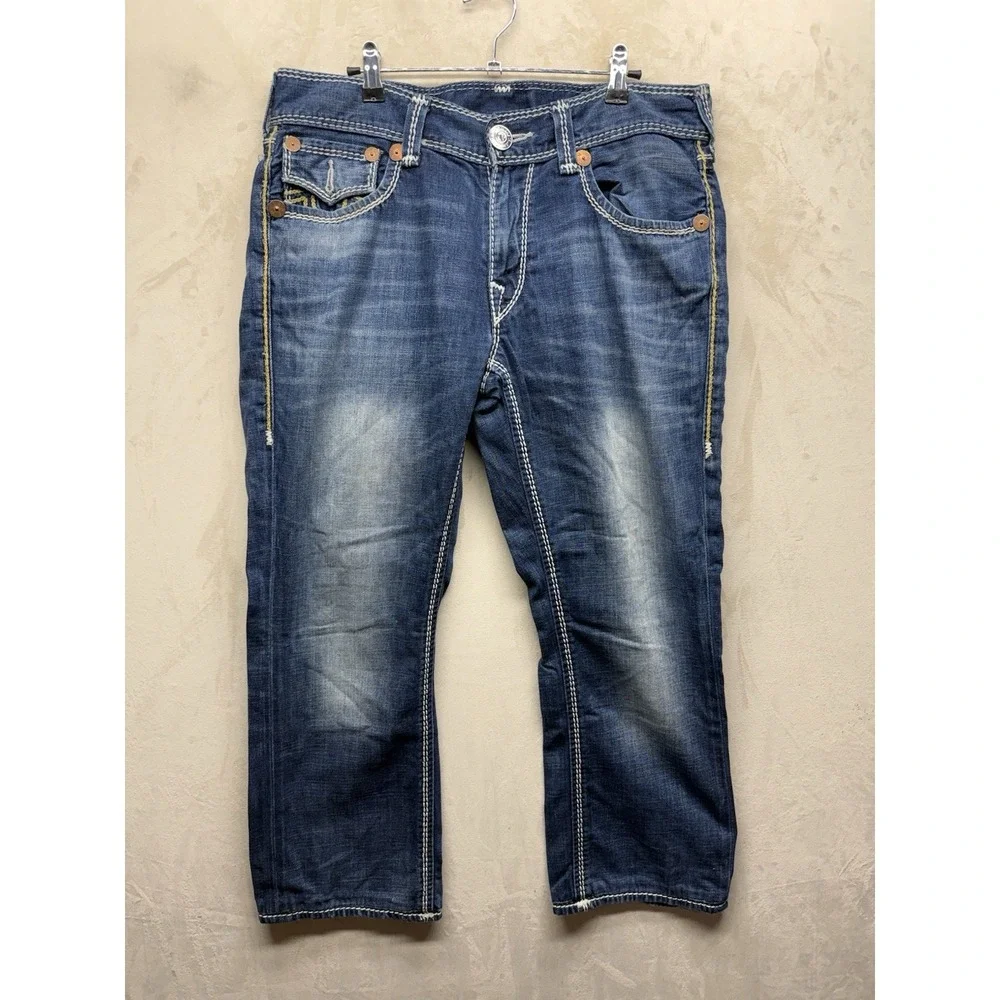 True Religion Straight Mega T Jeans Mens 33 Flap Pocket Mud Slinger Thick Stitch